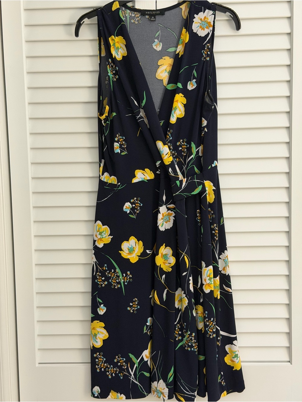 Sleeveless Navy Floral Wrap Midi Dress with Yellow Blooms
